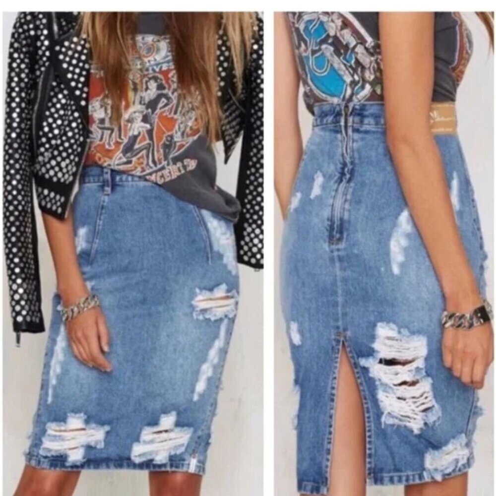 Aritzia One Teaspoon Freelove Ford Distressed Denim Pencil Skirt NWT Size 27